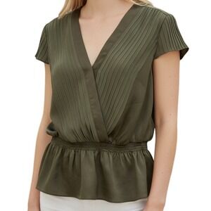 BEBE Olive Green Ruched‎ Waist Faux Wrap V Neck Peplum Blouse EUC Medium